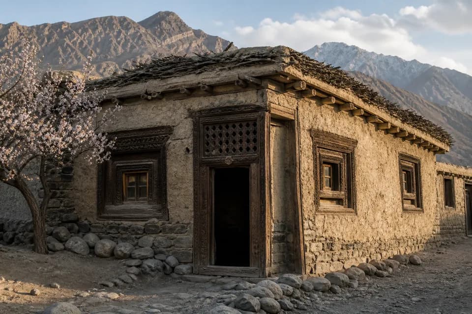 A traditional Baltistan house with a flat earth roof and heavy carved timber windows